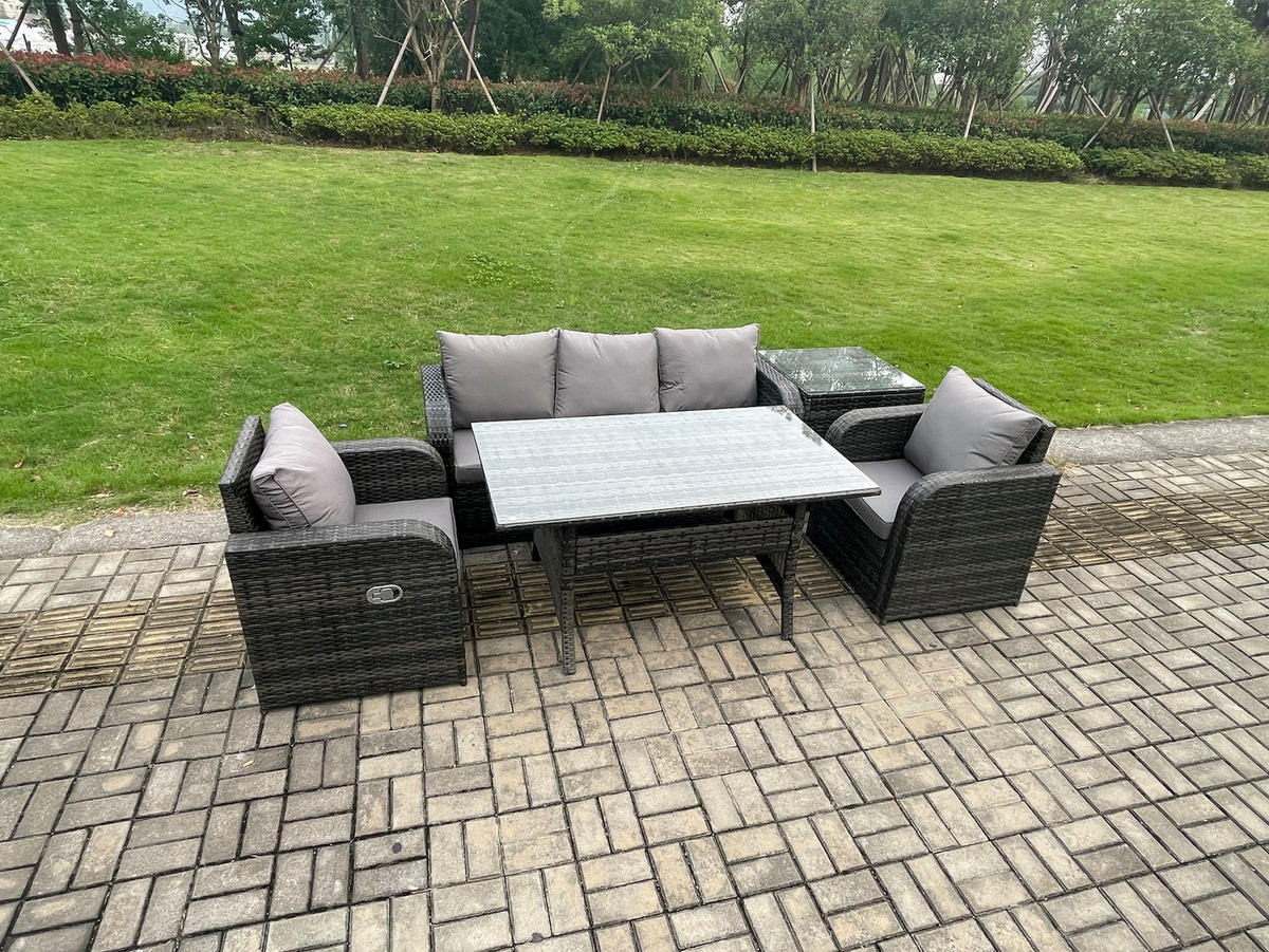 GARTENSET mit 3-Sitzer-Sofa,Beistelltisch,Esstisch Polyrattan 5-Sitzer - Dunkelgrau/Grau, Glas/Kunststoff - Fimous