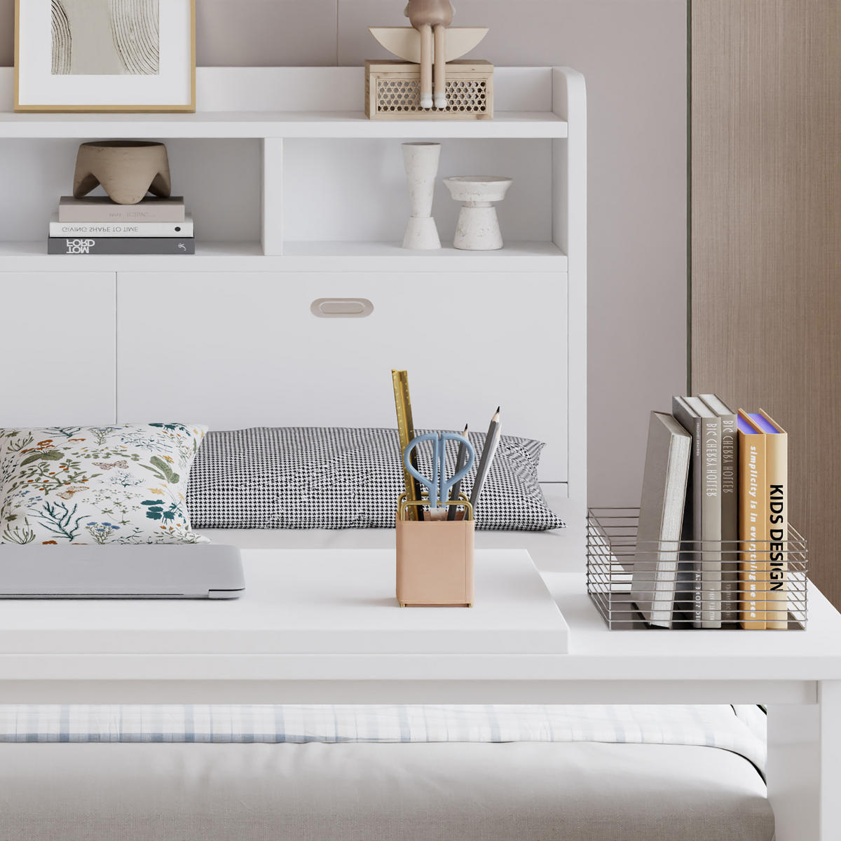 BETT 140/200 cm in Weiß mit Stauraum, Klapptisch und verstellbarer Schublade aus Holz - Weiß, Holzwerkstoff - STILVORA
