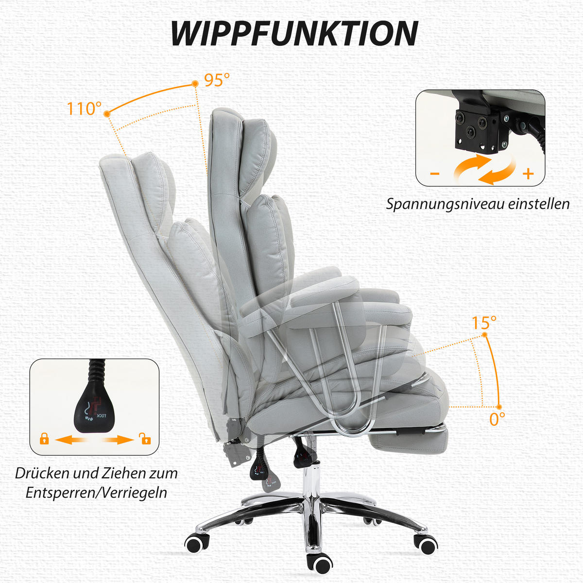 BÜROSTUHL mit Liegefunktion, ergonomisch Schreibtischstuhl, Drehstuhl Hellgrau - Chromfarben/Hellgrau, Textil/Metall (65/128/74cm) - HOMCOM