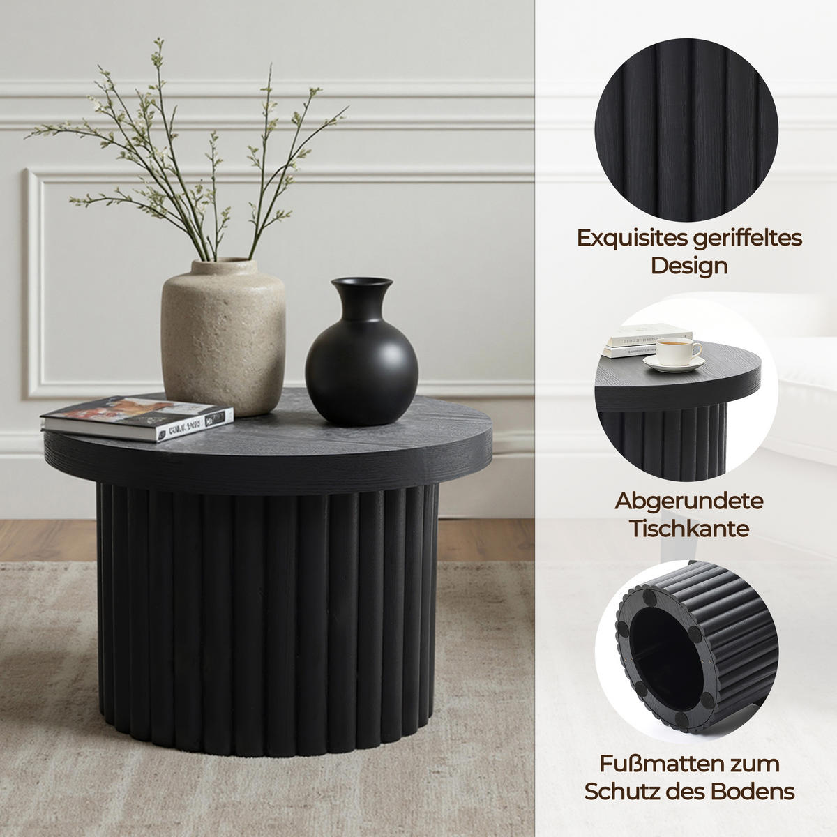 COUCHTISCH Rund, Schwarz aus MDF mit PU-Holzdessin | Ø60 x H40 cm - Schwarz, Holz (60/60/40cm) - Hometopia