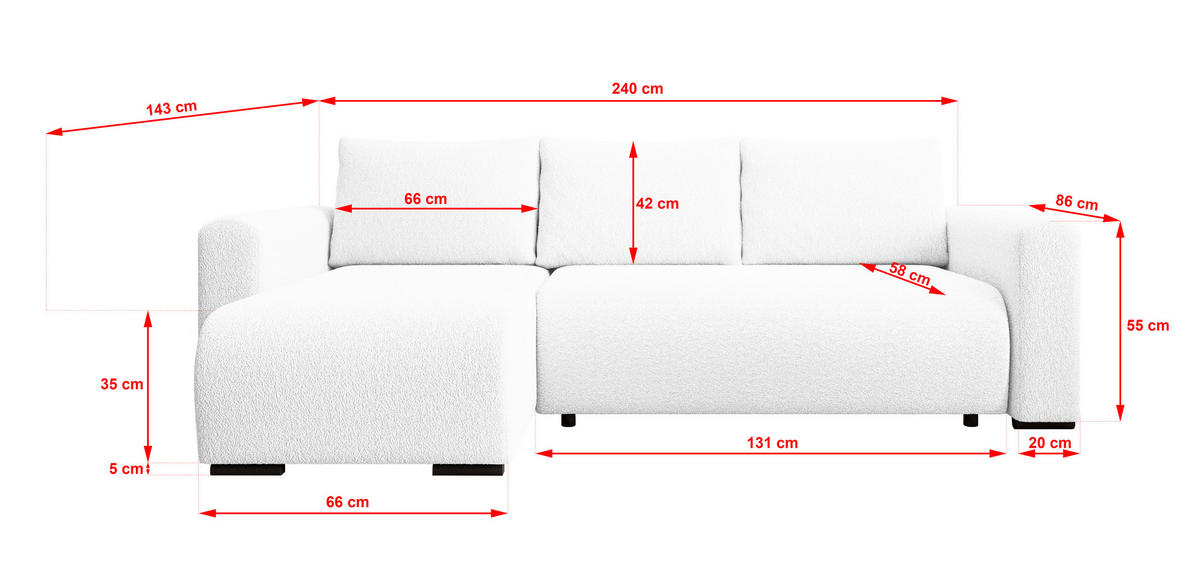 ECKSOFA DORA L, Eckcouch in L-Form mit Schlaffunktion und Bettkasten, Farbe: Weiß, Bouclé-Stoff, Ottomane Links - Weiß, Textil (240/143cm) - Storez24