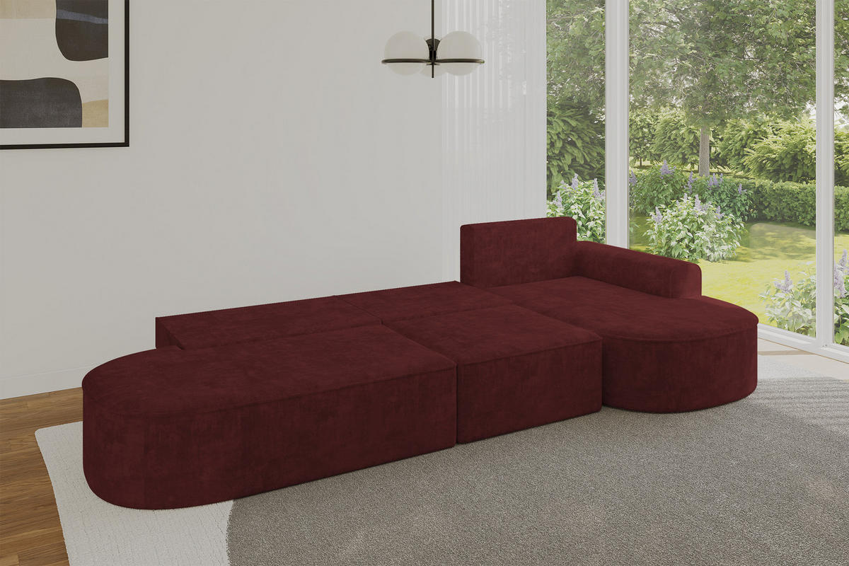 ECKSOFA mit Schlaffunktion Ottomane RECHTS MARI L2-S 368X167X85 Bordeauxrot Velours - Bordeaux/Schwarz, Holzwerkstoff/Kunststoff (167/368cm) - ALTDECOR