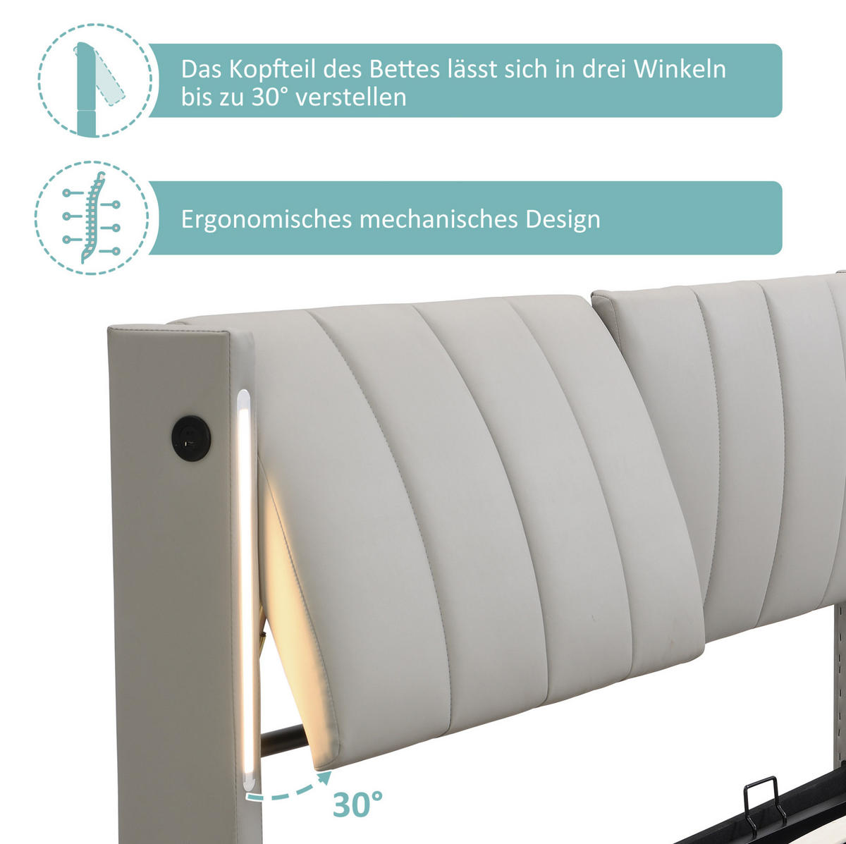 TAPECIRANI krevet 180/200 cm s LED osvjetljenjem, USB priključkom i spremištem, Siva - siva, plastika (180/200cm) - Redom