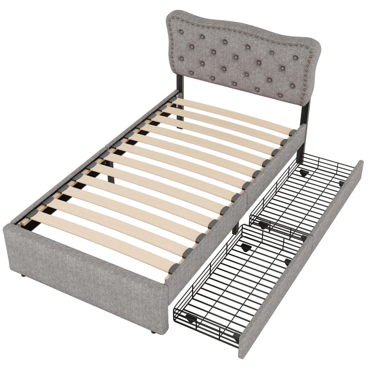 POLSTERBETT 90/200 cm mit 2 Schubladen, verstellbarem Kopfteil und Ziernieten, Grau - Grau, Holzwerkstoff (90/200cm) - Redom