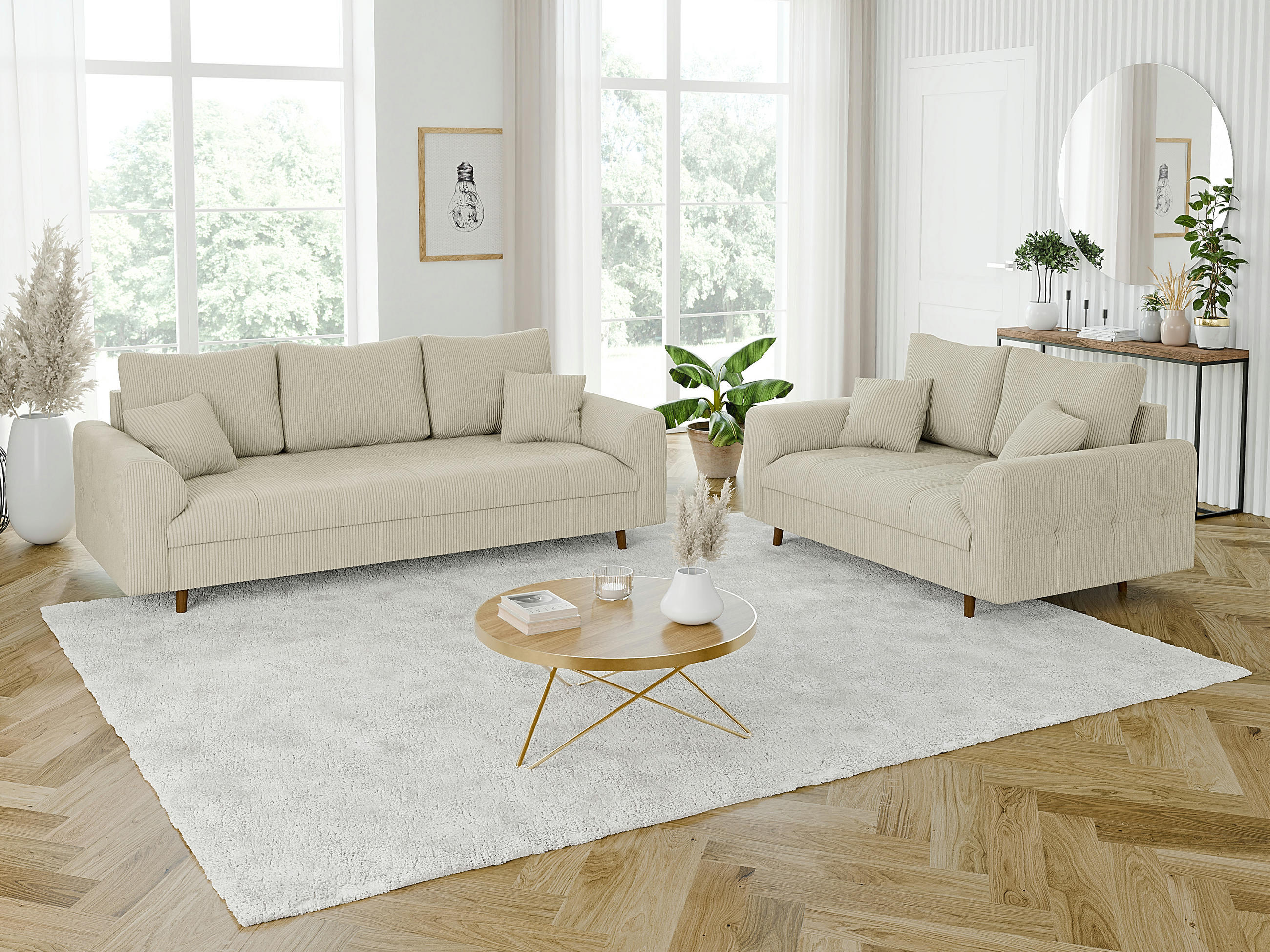 SITZGARNITUR 3+2 Alma Beige Cord - Beige/Braun, Holz/Textil (210/81/93cm) - S-Style Möbel