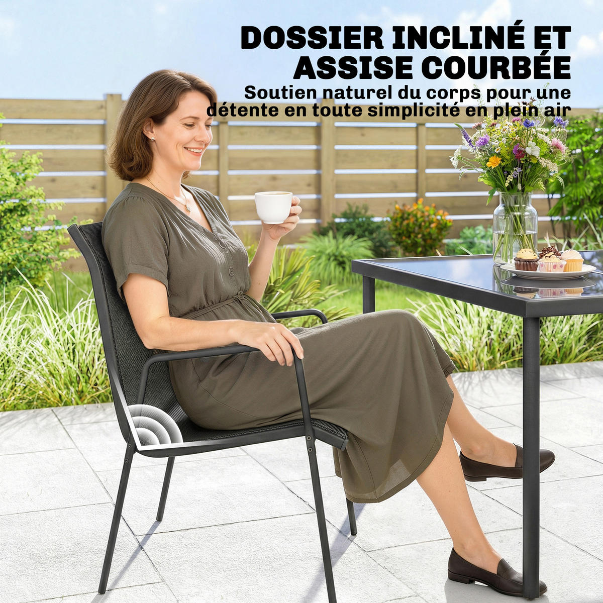 GARTENMÖBELSET 6-teilig,Tisch+stapelbare Textilene-Stühle,schwarz - Schwarz, Metall - Vallsero
