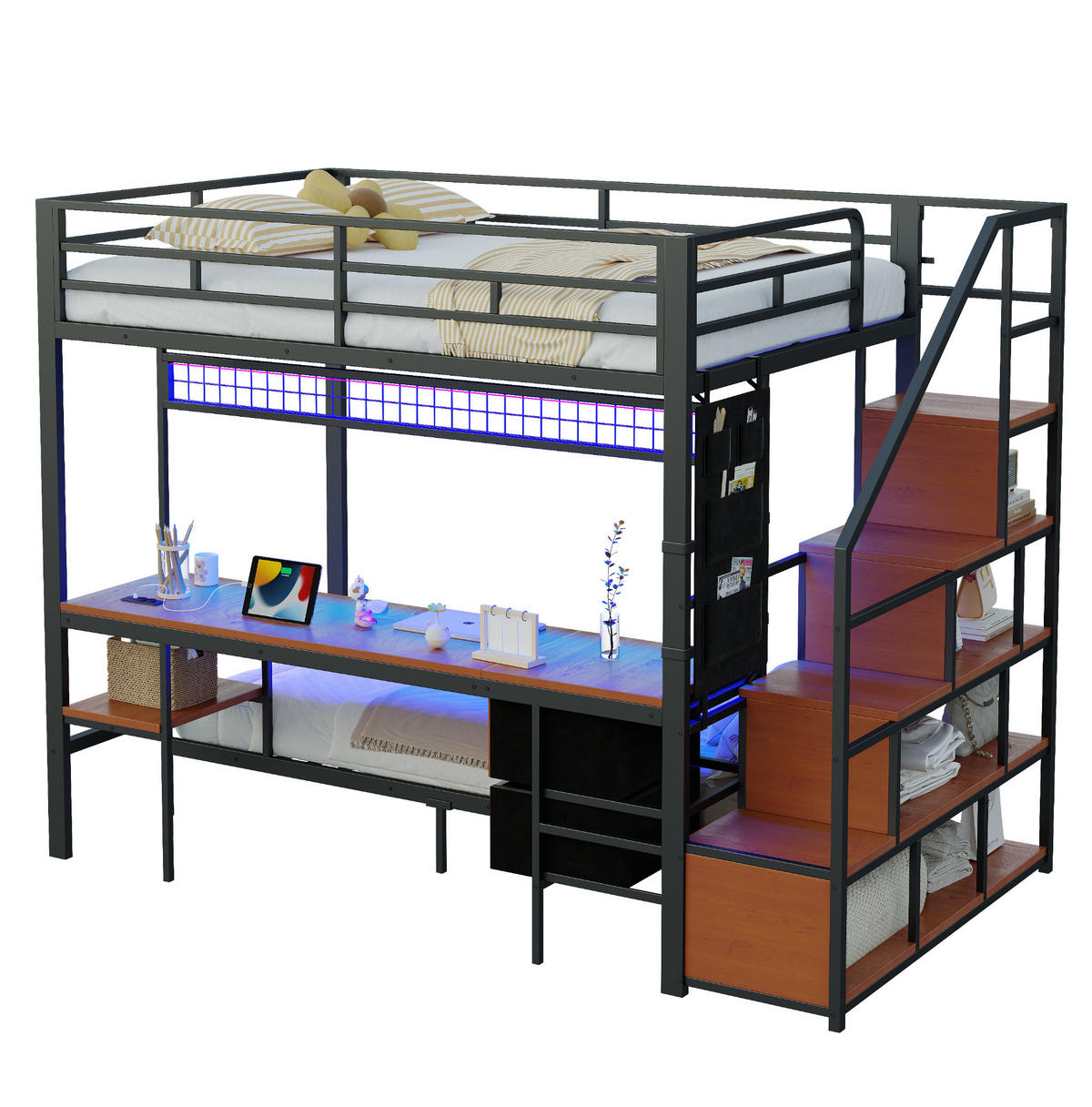 HOCHBETT aus Metall und MDF 140x200/90x200 cm Schwarz mit Schreibtisch, LED und Steckdosen - Schwarz, Metall (140/200cm) - IVMEU