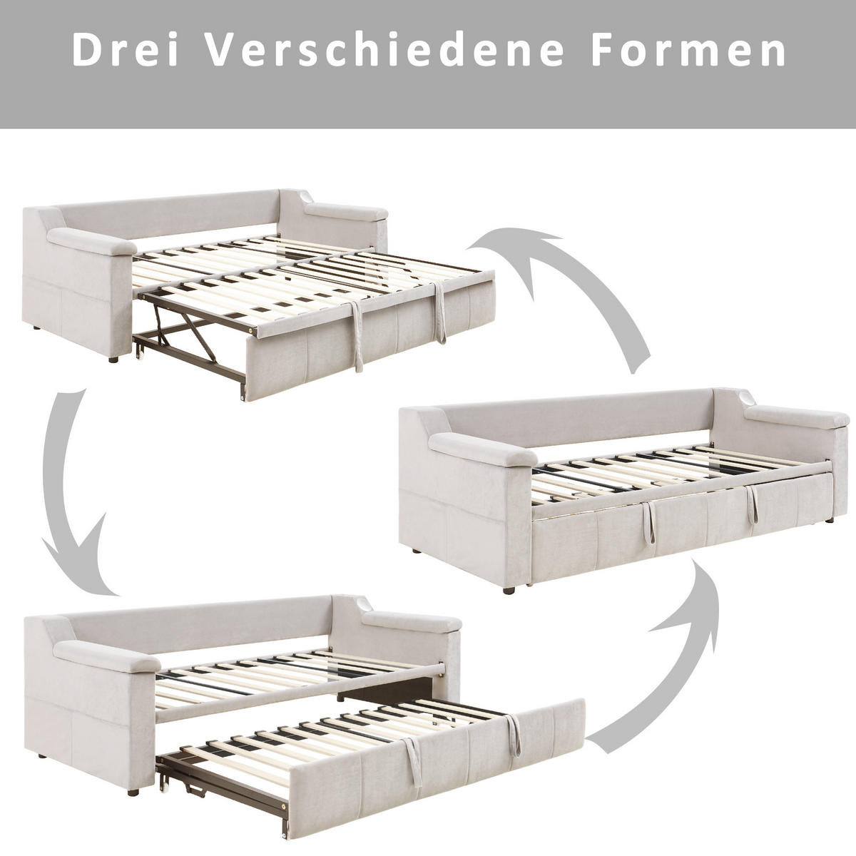 AUSZIEHBETT 90/180/190 cm DE-02015, in Beige, mit Bluetooth-Stereo und Ablagefächern - Beige, Metall (90/190cm) - ComfortXL