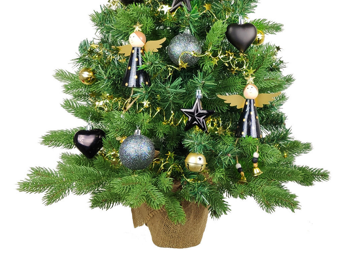 WEIHNACHTSBAUM künstlicher 60 cm mit LED-Beleuchtung, NACHTHIMMEL, mit 37 Weihnachtsbaumschmuck, Pflanztopf mit Jutesack - Goldfarben/Schwarz, Kunststoff/Stein (40/60cm) - LAALU