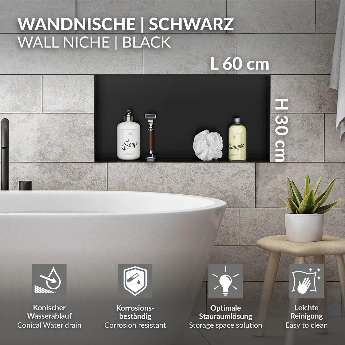 DUSCHNISCHE Schwarz 60/30 cm randlos - Schwarz, Metall (60/30/10cm) - LuxeBath