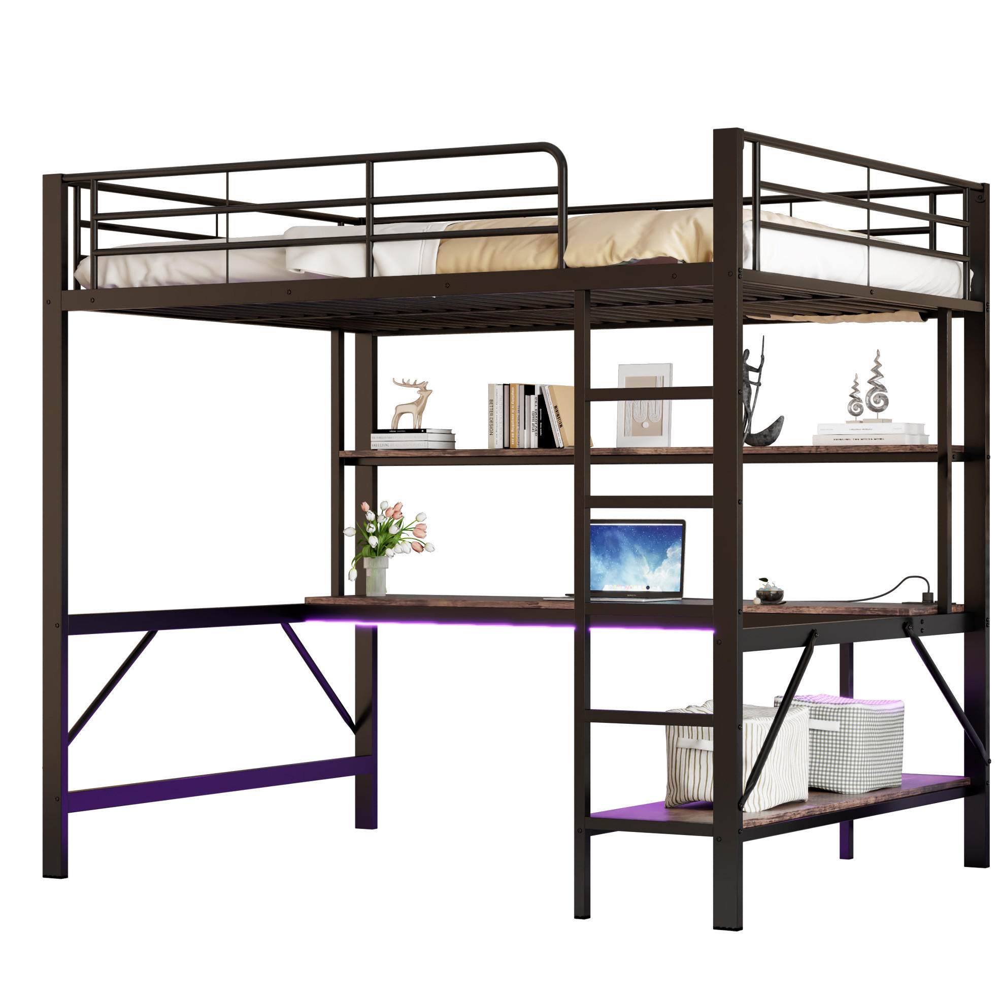 HOCHBETT 140/200 cm mit Schreibtisch, Regal, USB, Steckdose und LED-Beleuchtung, Metall, Schwarz - Schwarz, Metall (140/200cm) - Redom