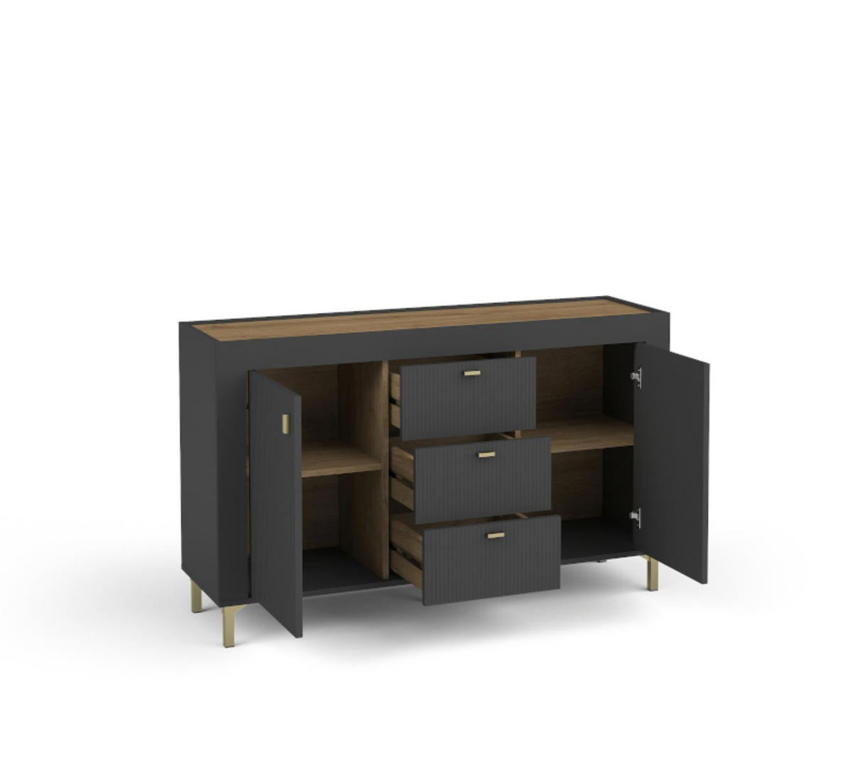 KOMMODE Mossa Schwarz, Kombikommode mit Schubladen - Goldfarben/Schwarz, Holzwerkstoff (137/84/40cm) - Bettso