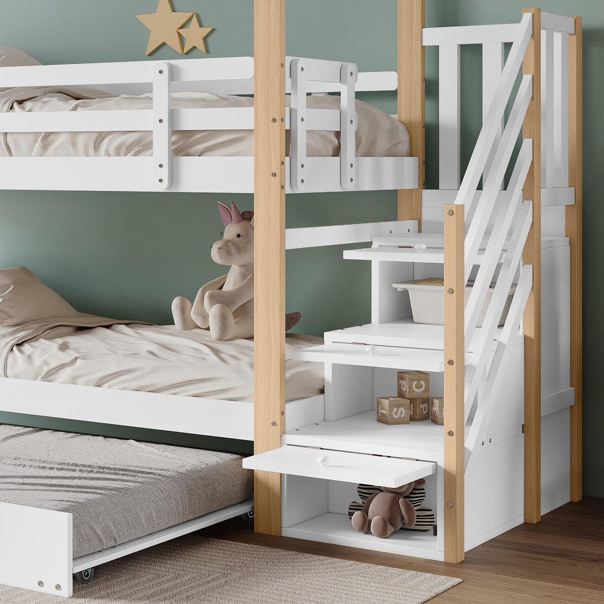 ETAGENBETT 90/200 cm weiß aus Massivholz mit Schiebebett und Treppe mit Schubladen - Weiß, Holz (90/200cm) - OKWISH