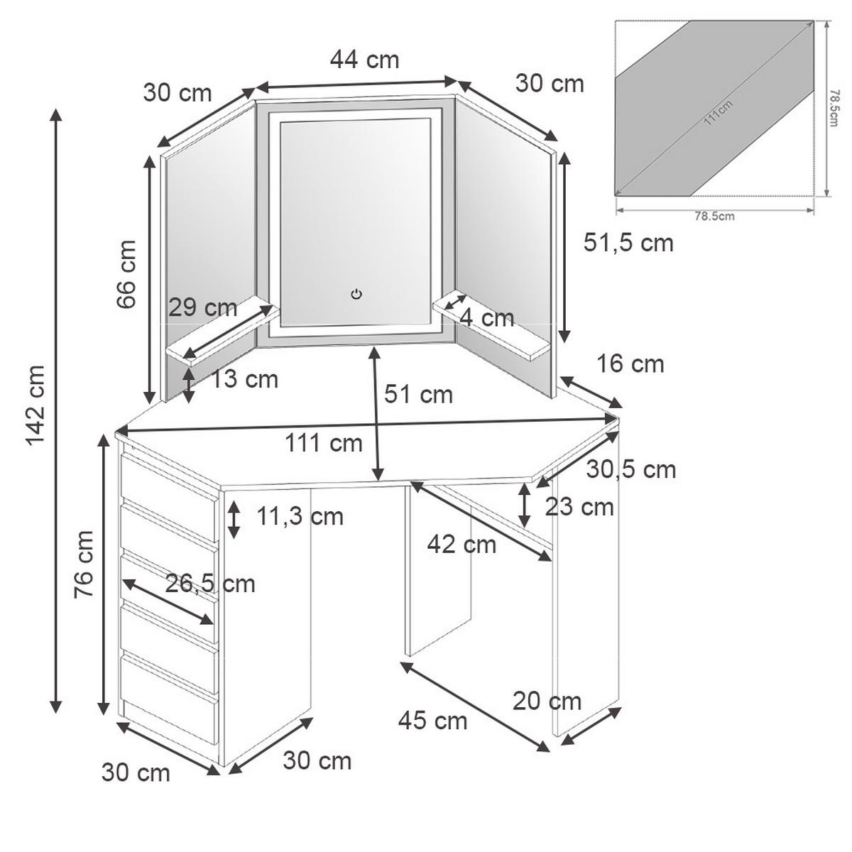 ECKSCHMINKTISCH Arielle Weiß 110 cm mit LED-Spiegel - Weiß, Holzwerkstoff (110/141.5/54cm) - Vicco