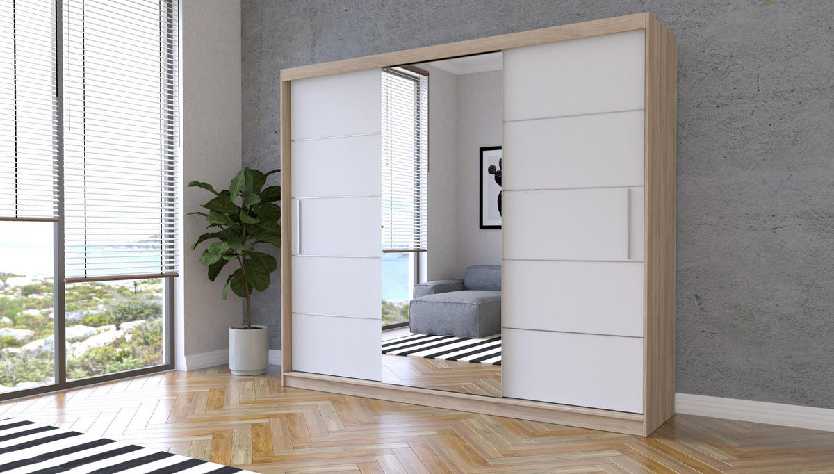 SCHIEBETÜRENSCHRANK - ELBA I Sonoma + Weiß - Weiß/Sonoma Eiche, Holzwerkstoff/Metall (250/218/61cm) - Möblo