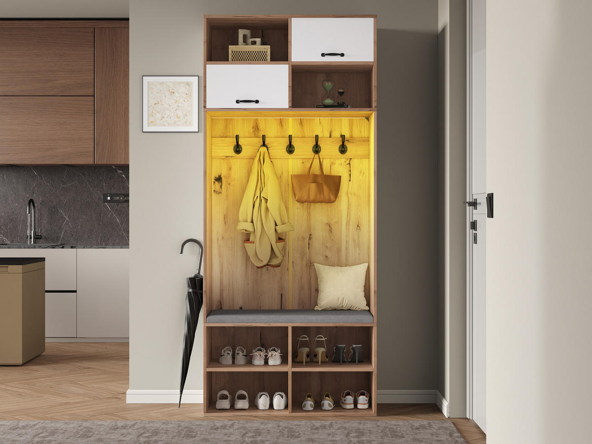 GARDEROBE vielseitig mit Schubladen und Türen, 80/35/185 cm, Weiß und Naturfarben - Naturfarben, Holzwerkstoff (80/185/35cm) - Redom