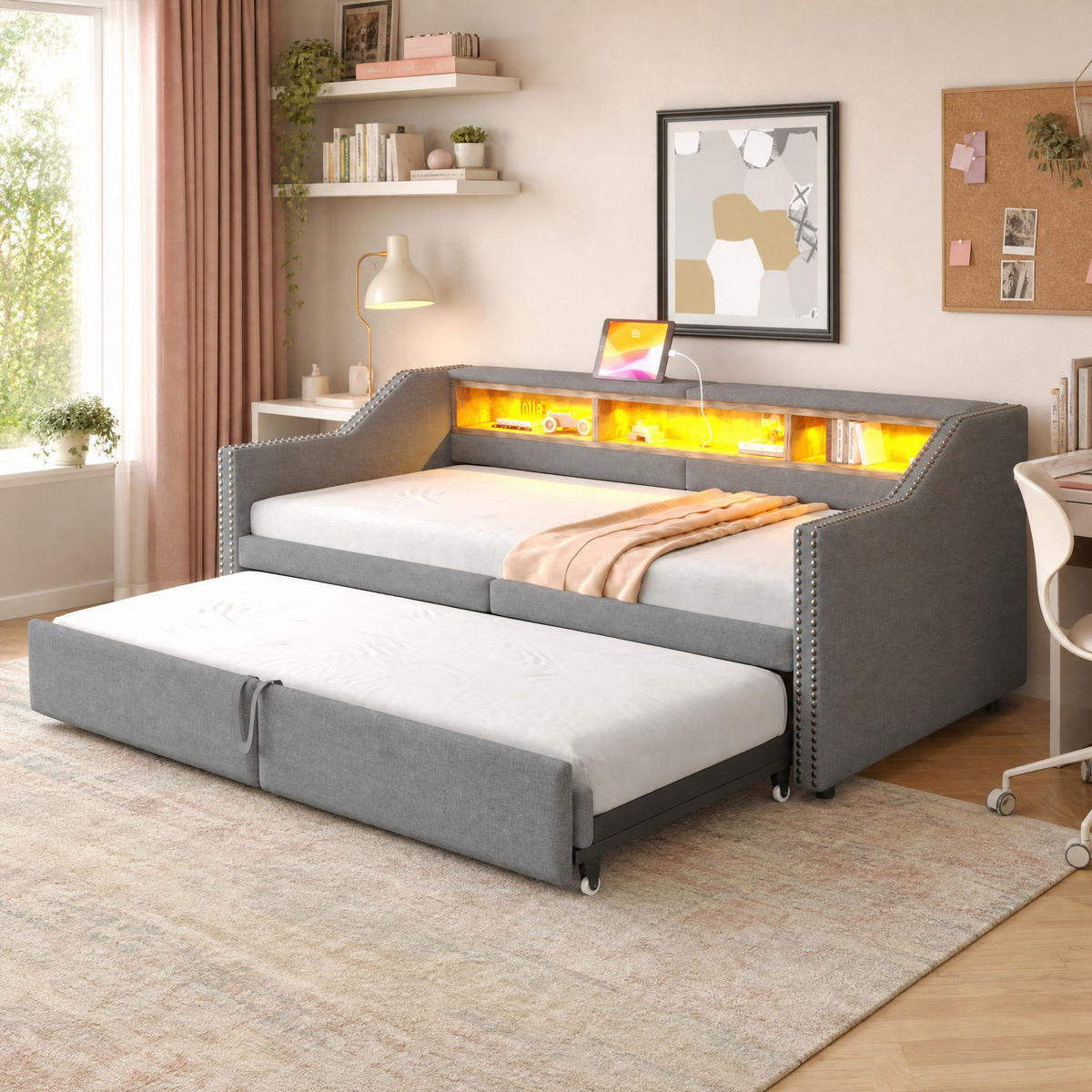 POLSTERBETT 90/200 mit Ausziehbett, LED und USB in Hellgrau - Hellgrau, Holzwerkstoff/Textil (90/200cm) - EVRYAE