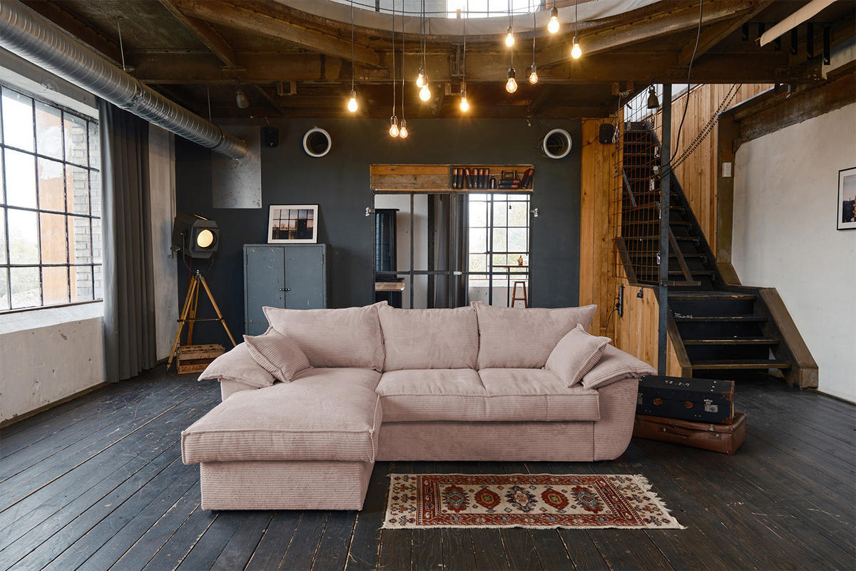 ECKSOFA DAMETO Pink Cord - Pink/Schwarz, Kunststoff/Textil (266/174cm) - KAWOLA