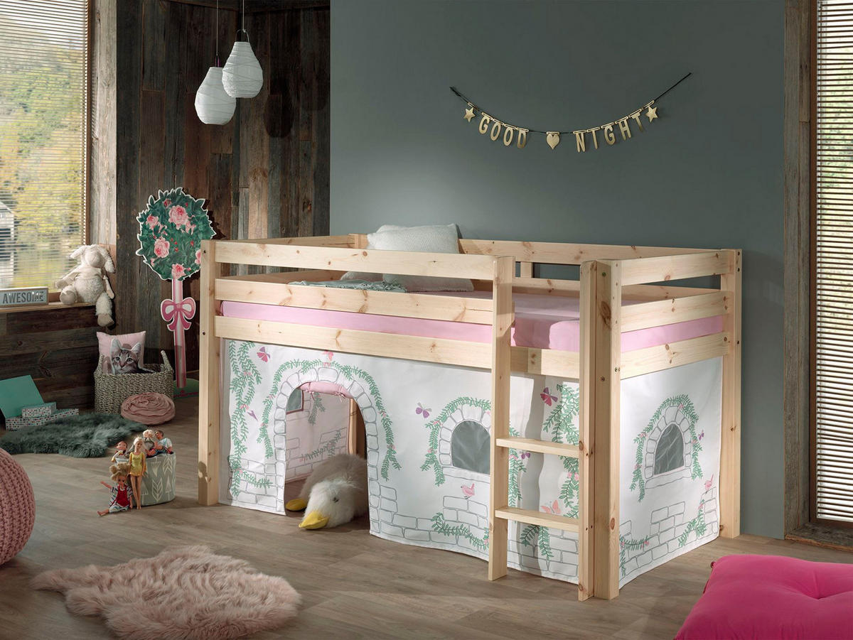 KINDERBETT Karolina 210x114x106 Massivholz Natur Textilset Burg 1 - Hellgrau/Kieferfarben, Holz (90/200cm) - 58aufmkessel