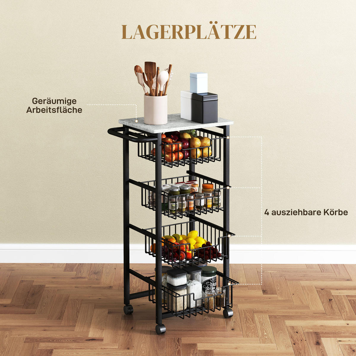 KÜCHENWAGEN Servierwagen mit Arbeitsplatte, 4 ausziehbaren Stahlkörben, Grau - Hellgrau/Schwarz, Metall (31/91/49.5cm) - HOMCOM