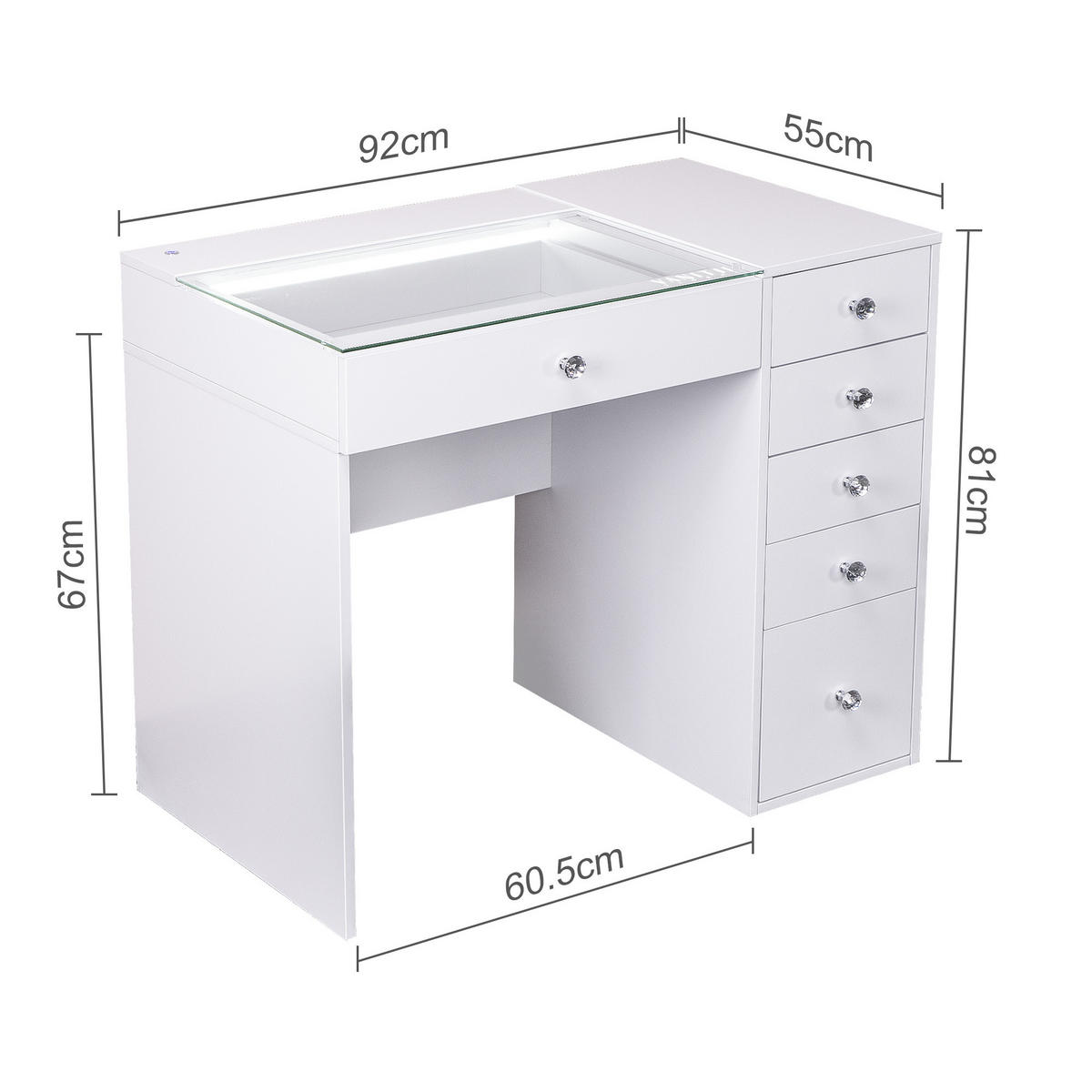 SCHMINKTISCH mit 6 Schubladen 92/55/81 CM und LED Beleuchtung Schminkspiegel 30 x 41 CM - Weiß, Holz (55/81/92cm) - VANITII