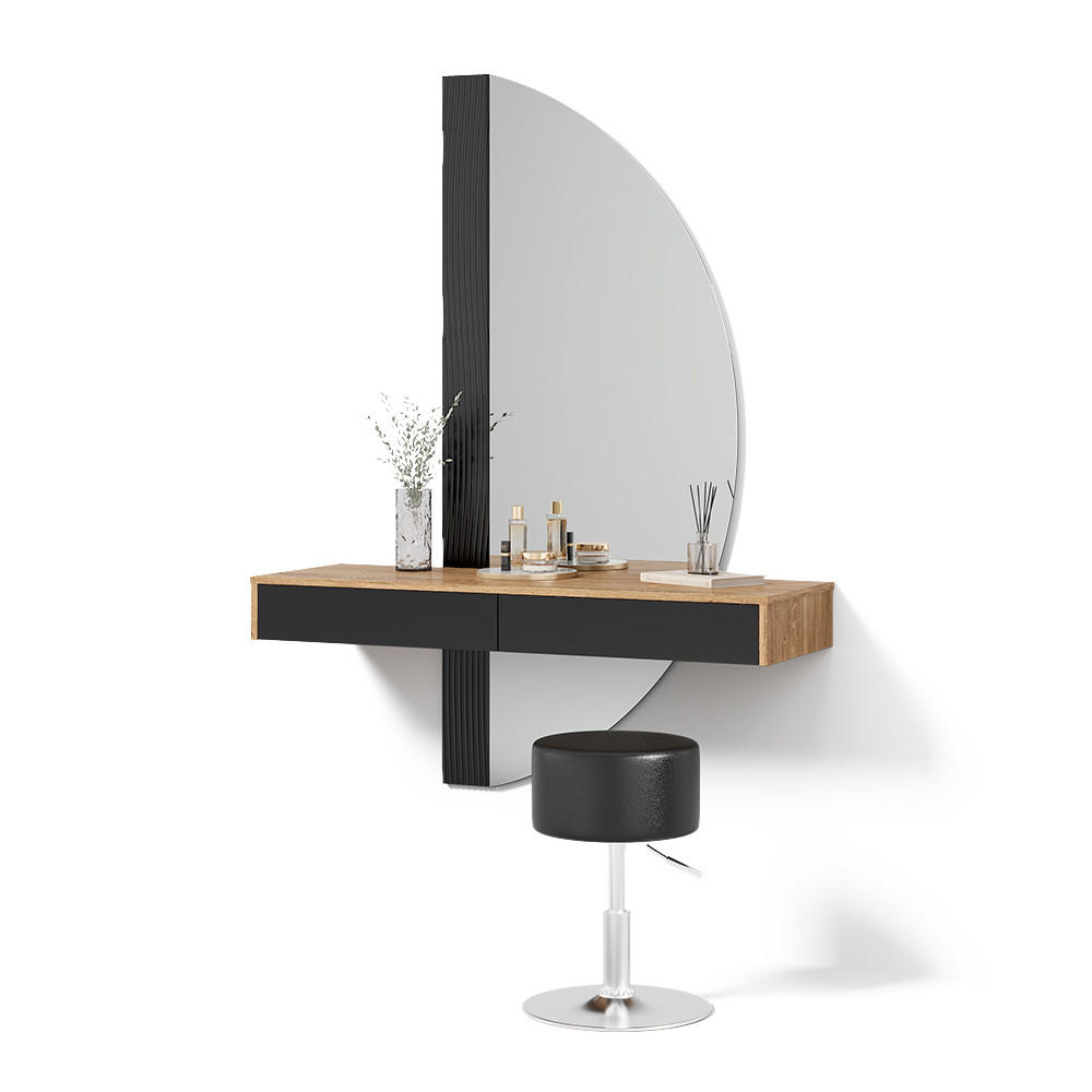 SCHMINKTISCH Ascona Schwarz mit Beleuchtung und Hocker - Eichefarben/Schwarz, Holzwerkstoff (120/161.1/40cm) - Livinity®