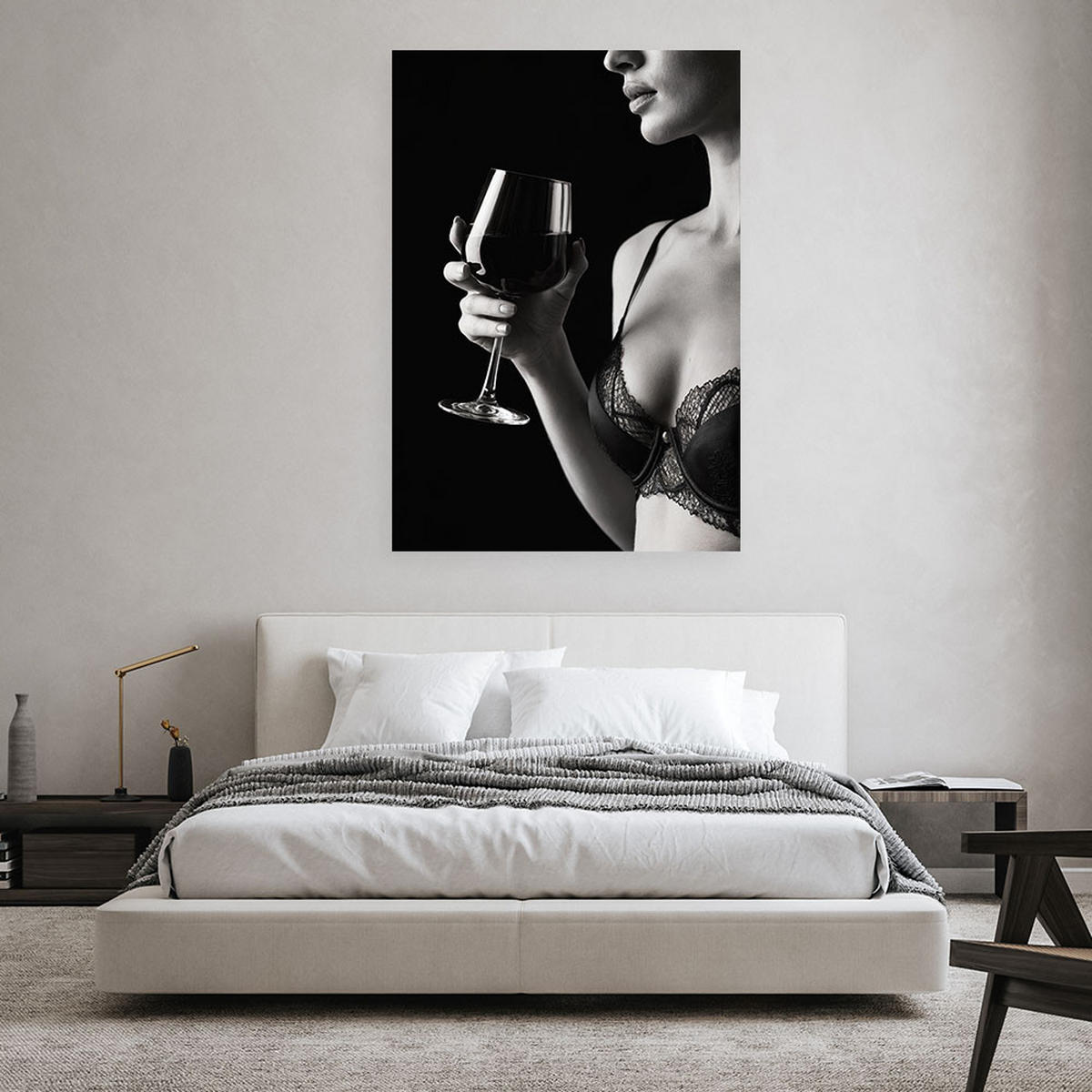 LEINWANDBILD Frau in Unterwäsche mit einem Glas Wein 80x120cm - Schwarz, Textil (80/120cm) - Feeby