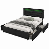POLSTERBETT mit LED und 4 Schubladen 140x200 cm Leinen Schwarz mit Matratze - Schwarz, Metall (140/200cm) - Beauniv