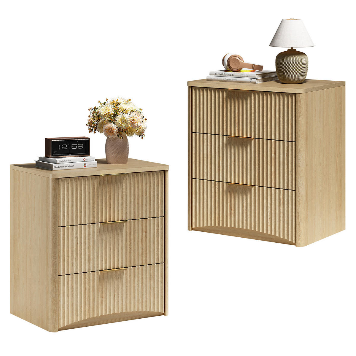 NACHTTISCH 38/58/64 cm mit 3 Schubladen, Dämpfungssystem und Rillenfront aus MDF, Eiche - Braun, Holzwerkstoff (38/64/58cm) - Redom