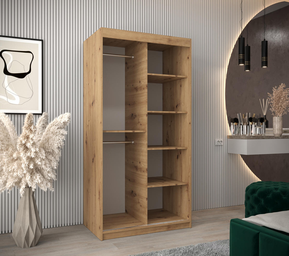 SCHWEBETÜRENSCHRANK 200/100/62 2-türig - Silberfarben/Eiche Artisan, Holz/Kunststoff (100/200/62cm) - MÖBEL KRYSPOL