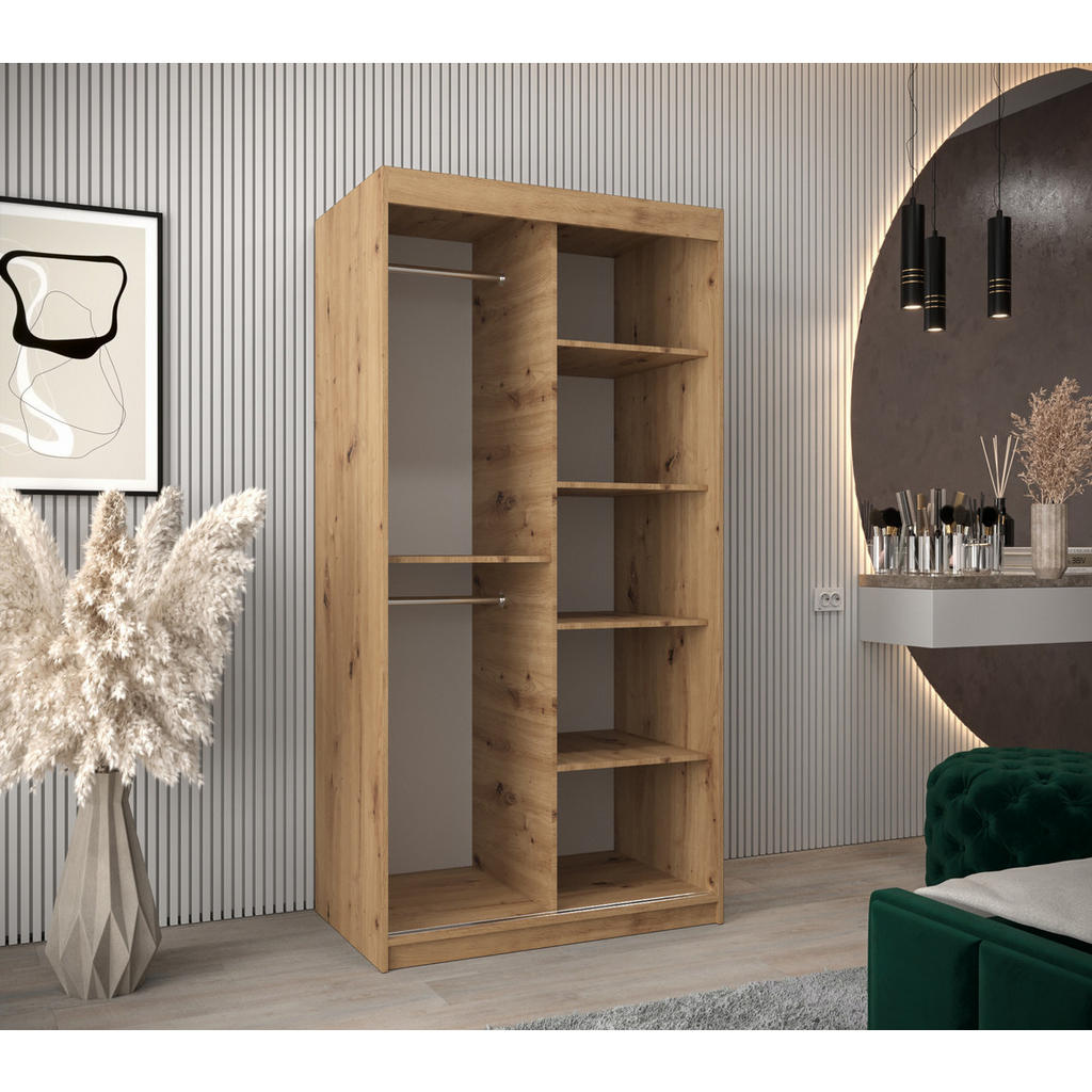 Thumbnail - Abiks Möbel Schwebetürenschrank, Eiche Artisan, Weiß, Kunststoff, Nachbildung, 5 Fächer, 100x200x62 cm, Schlafzimmer, Kl...