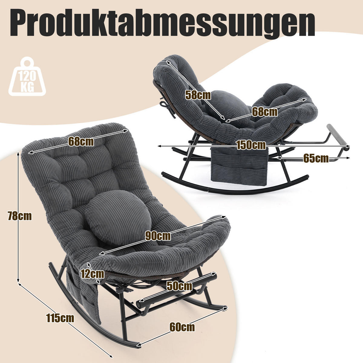 SCHAUKELSTUHL mit Fußstütze, Schaukelsessel XXL Rattanstuhl mit Kissen, Cord, Dunkelgrau - Dunkelgrau, Textil (90/78/150cm) - LVHOM