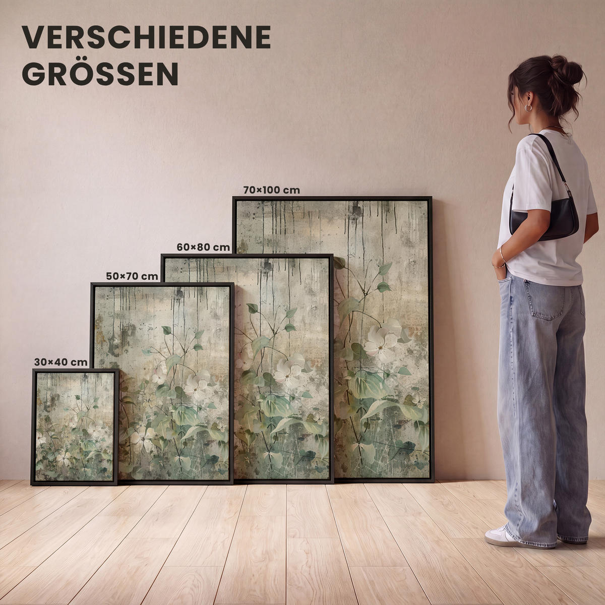 LEINWAND Bilder mit Rahmen - Blumen - Blätter - Abstrakt - Modern - 60x80 - Grau, Textil (60/80cm) - MuchoWow