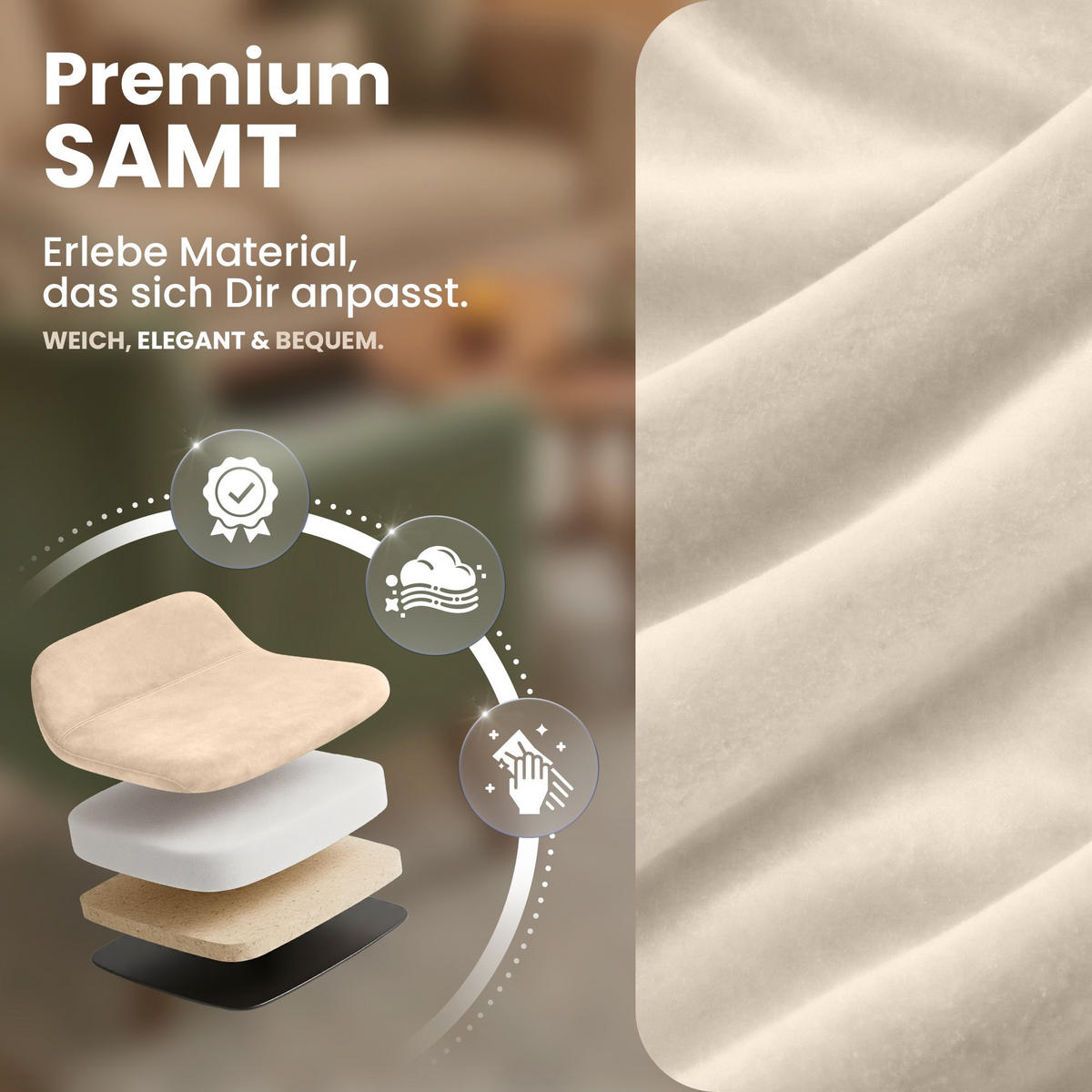 STUHL Samt creme - Creme/Schwarz, Textil/Metall (51/80/60cm) - CLP