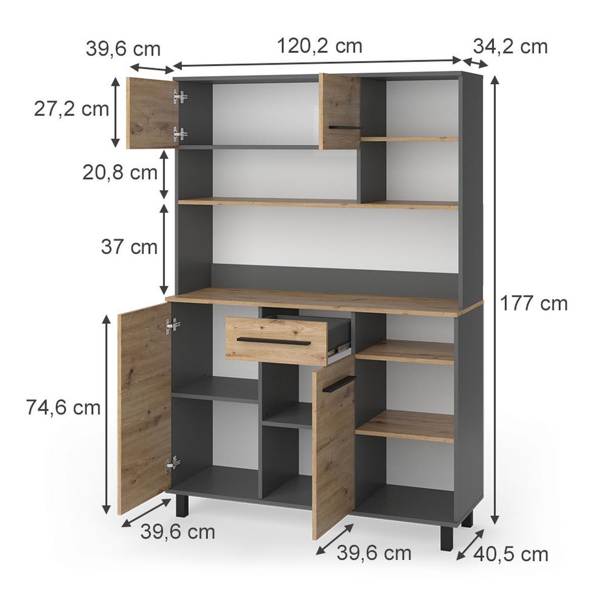 KÜCHENBUFFET Pure, Artisan-Eiche/Anthrazit, 120.2 x 177 cm - Anthrazit/Eiche Artisan, Holzwerkstoff (120.2/177/40.5cm) - Vicco