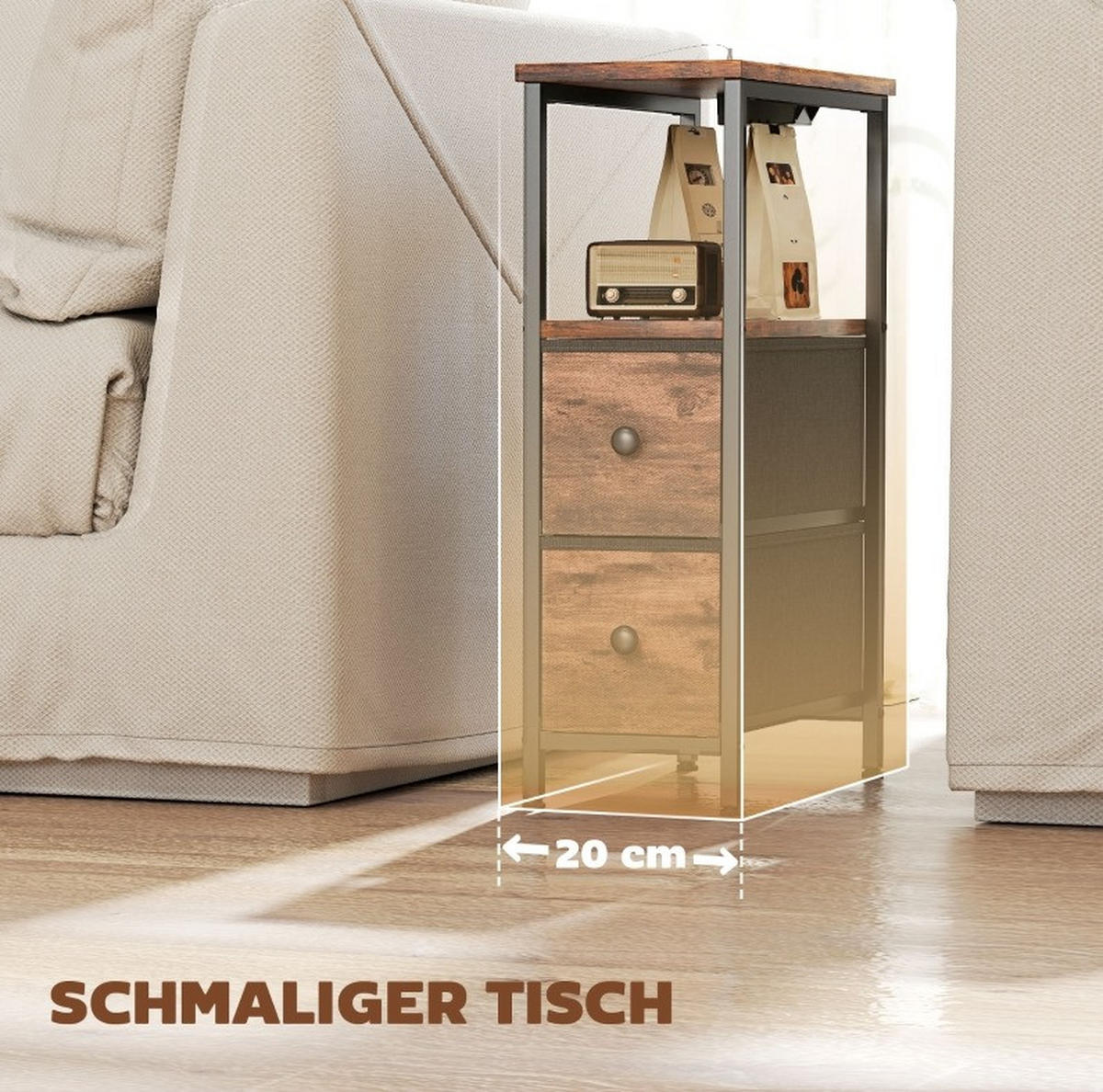 BEISTELLTISCH 20/40/63 cm mit Ladestation, 2 Stoffschubladen und offenem Fach, Holzoptik Rustikal Braun - Braun, Holz (40/20/63cm) - Redom