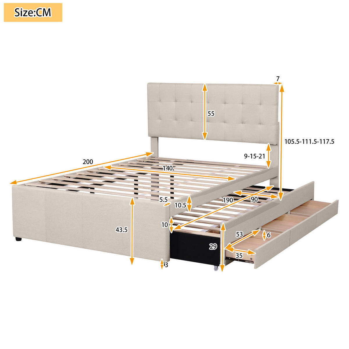 POLSTERBETT 140/200 cm in Beige mit Drei Schubladen - Beige, Holz/Textil (140/200cm) - KOMHTOM