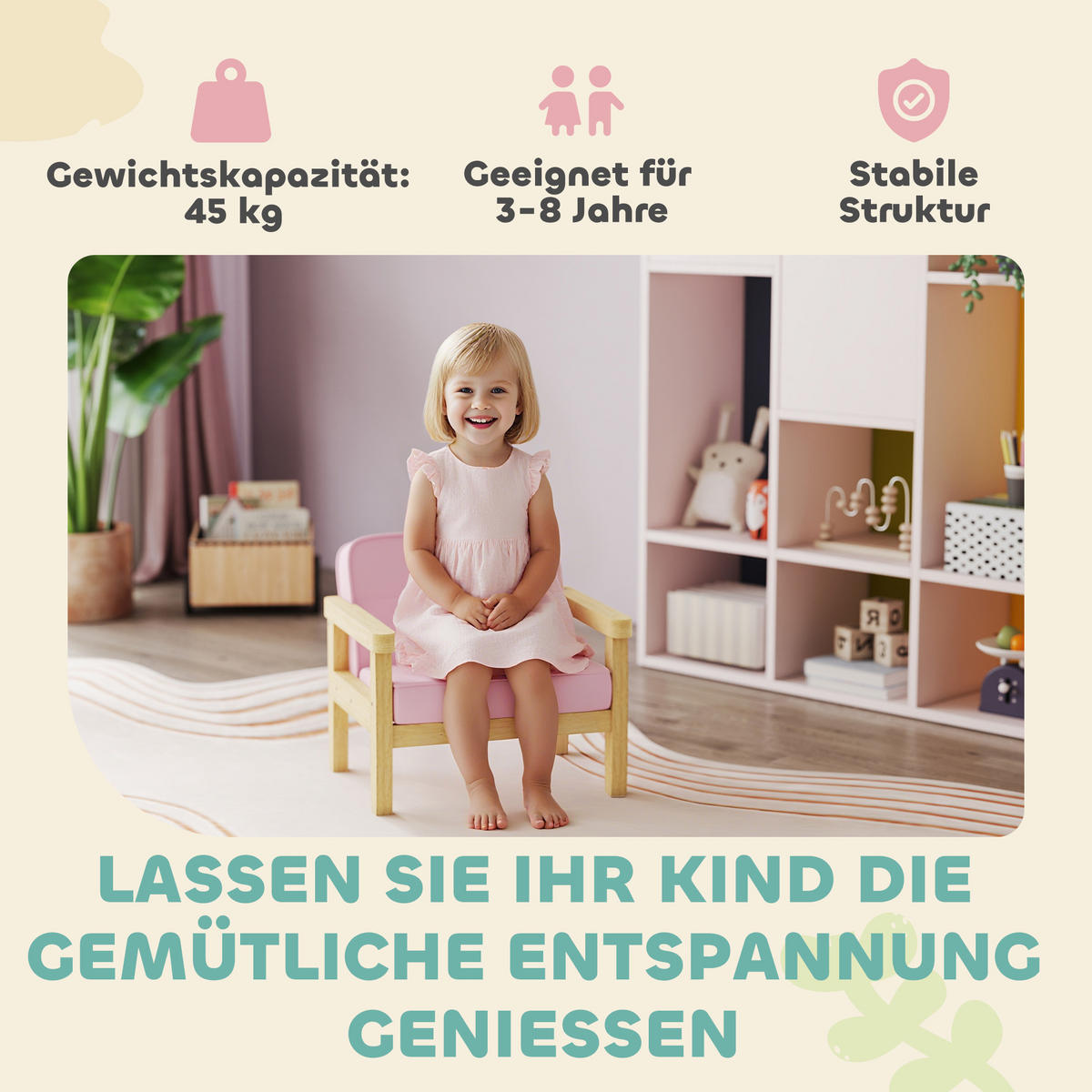 KINDERSESSEL, gepolsterter Kindersofa mit Holzrahmen, Cordoptik, für Spielzimmer - Rosa/Naturfarben, Holz/Holzwerkstoff (44/45/46.5cm) - AIYAPLAY
