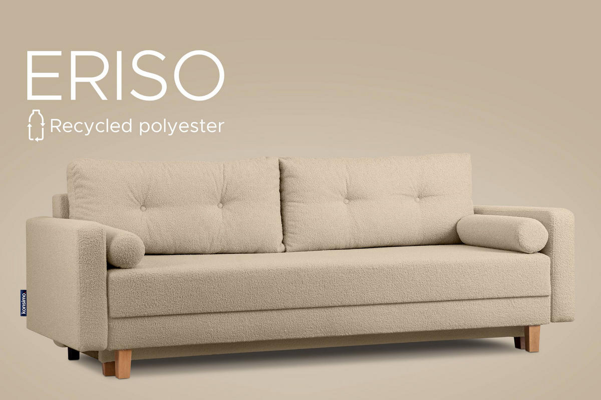 3-SITZER-SCHLAFSOFA ERISO mit weiche Sitzfläche und hohe Rückenlehne, Bouclé-Stoff, hellbeige - Beige/Creme, Textil (220/80/100cm) - KONSIMO®