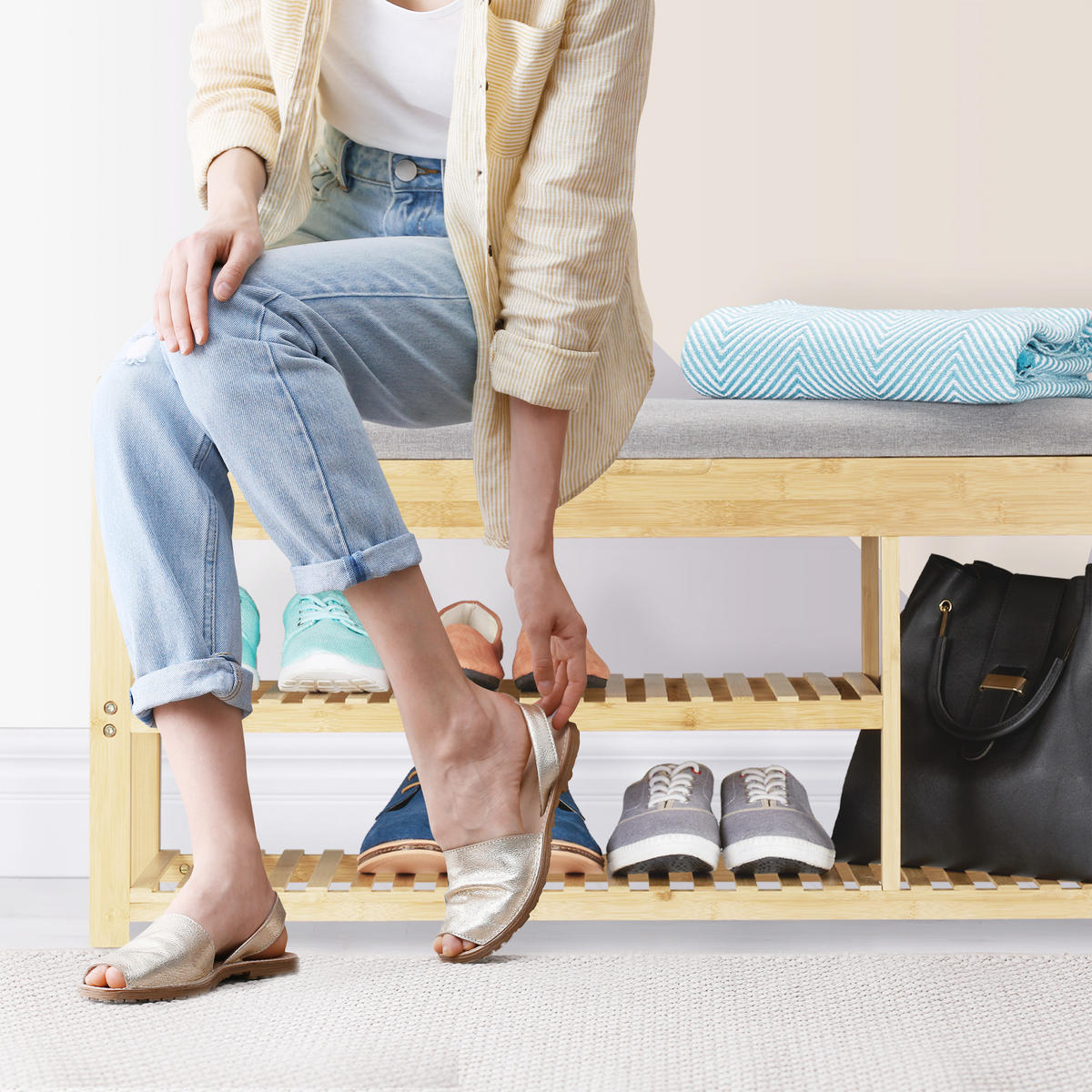 SCHUHBANK - Hellbraun, Holz/Textil (100.5/50/33cm) - Relaxdays