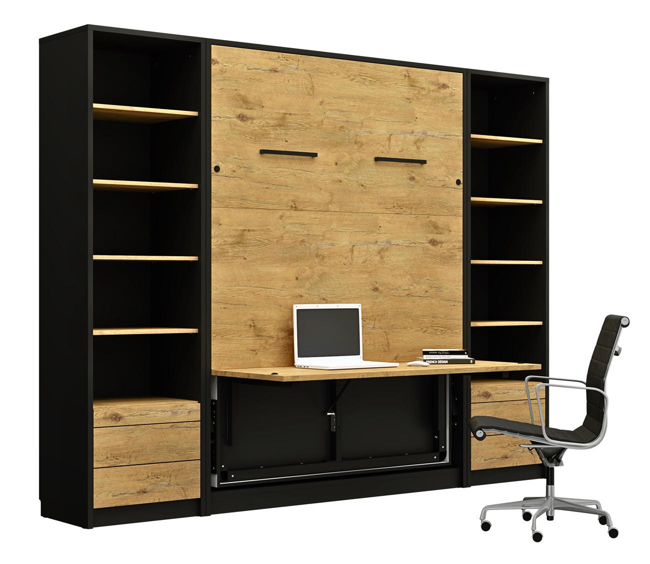 SCHRANKBETT vertikal GN140x200 mit Schreibtisch, LED und 2 Regalen - 3-teilig - Eiche Lancelot & Schwarz - Schwarz/Braun, Holzwerkstoff (140/200cm) - QMM TraumMöbel