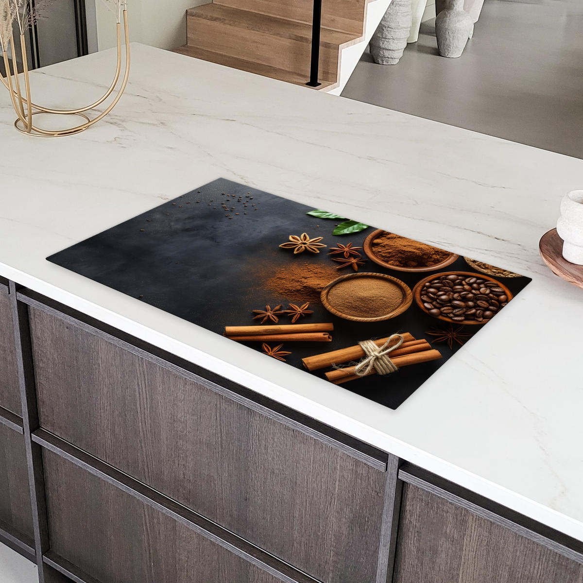 HERDABDECKPLATTE Zimt - Beton - Kaffee - Zimtstangen - Gewürze Ceranfeldabdeckung 90x52 cm - Mokka, Kunststoff (90/52/0.2cm) - MuchoWow