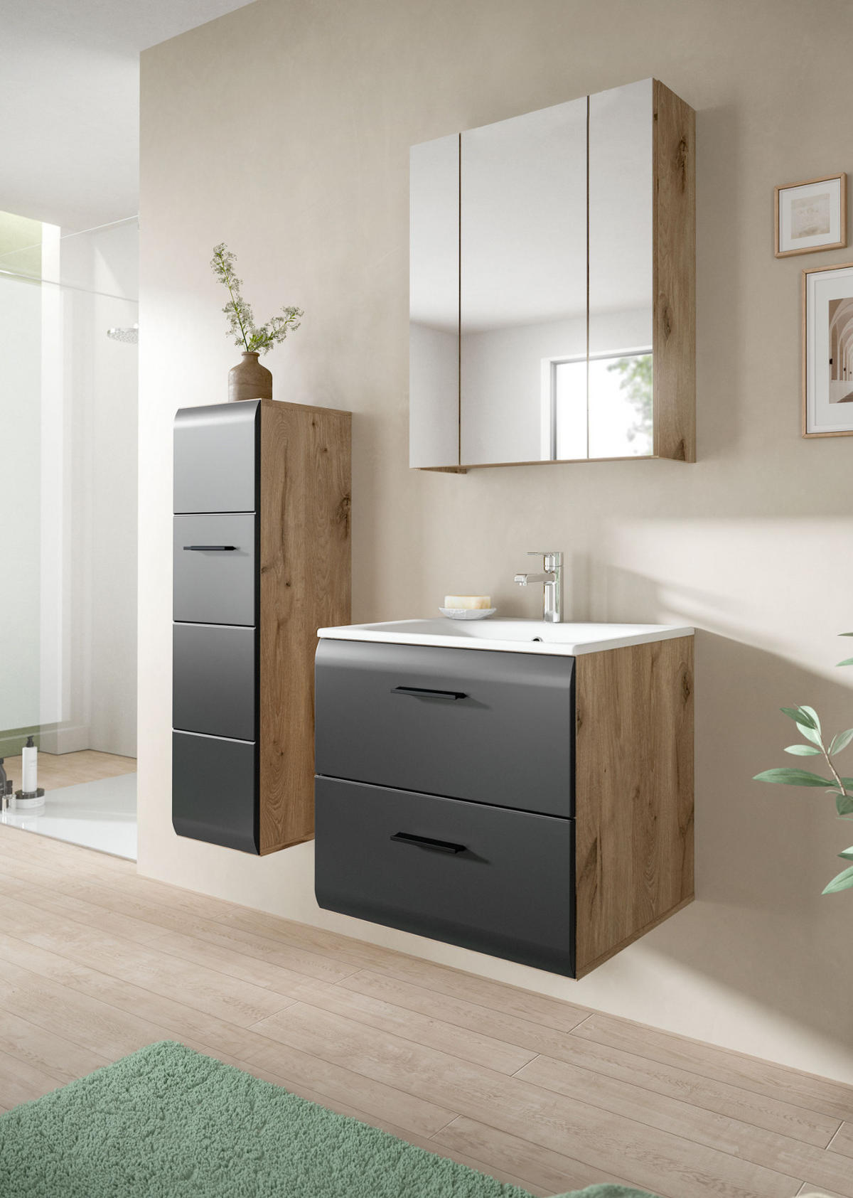 BADMÖBEL Set 3-teilig in schwarz matt und Eiche, Badezimmer komplett mit Waschbecken, 105 x 185 cm Cover - Eichefarben/Schwarz, Glas/Holzwerkstoff (105/185/46cm) - Inn.Furn