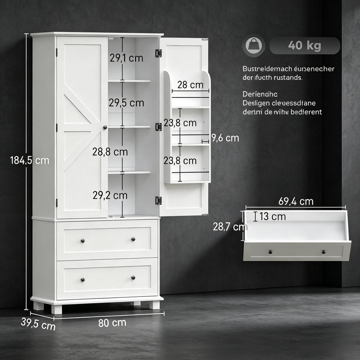 HIGHBOARD DE-38827 80/39,5/184,5 cm 2 Türen und 2 Schubladen Weiß - Weiß, Holzwerkstoff (80/184.5/39.5cm) - ComfortXL