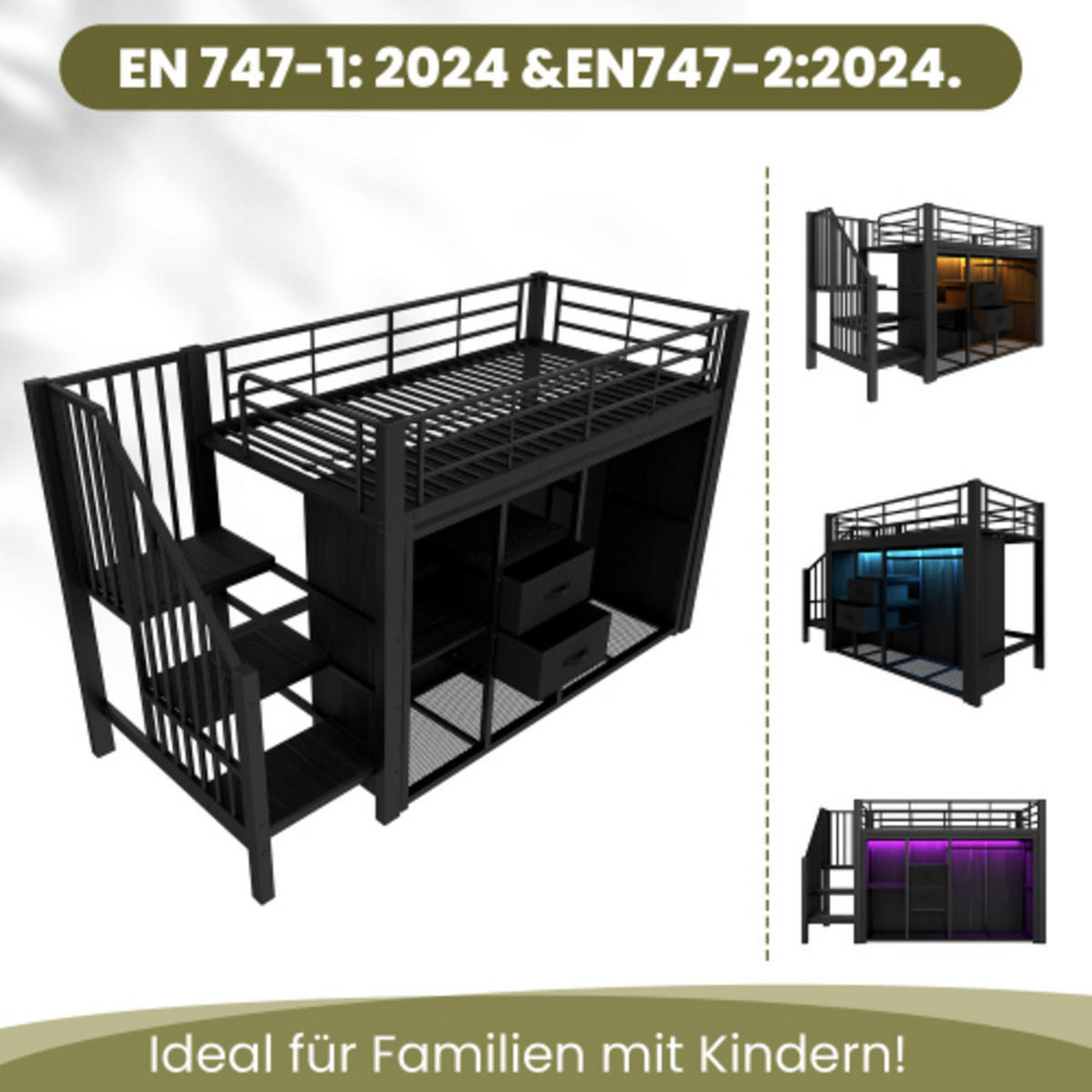 HOCHBETT 90×200 cm aus Metall mit LED-Beleuchtung, schwarz - Schwarz, Metall (90/200cm) - Luhomfu