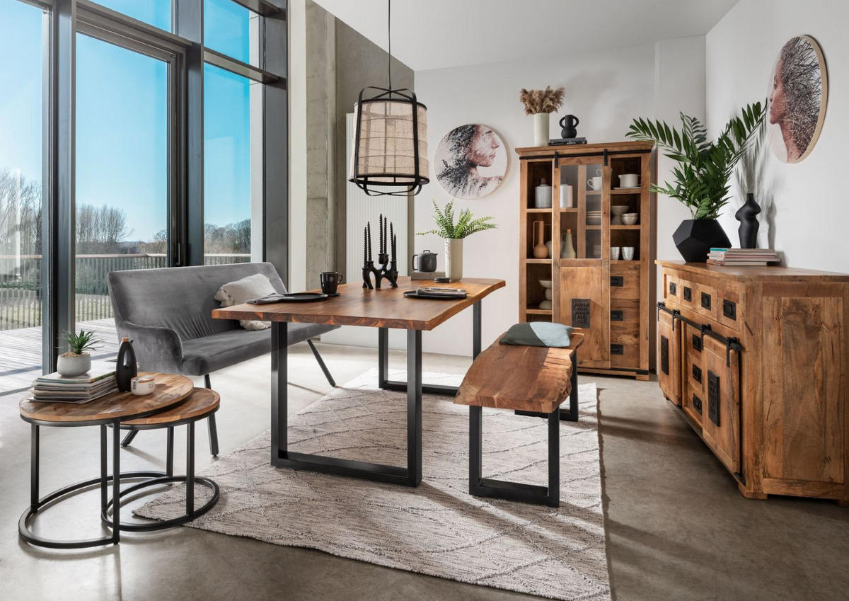 SIDEBOARD Florenz Vintage - 150 cm - Mangoholz - Schwarz/Braun, Holz/Metall (150/90/45cm) - bene living
