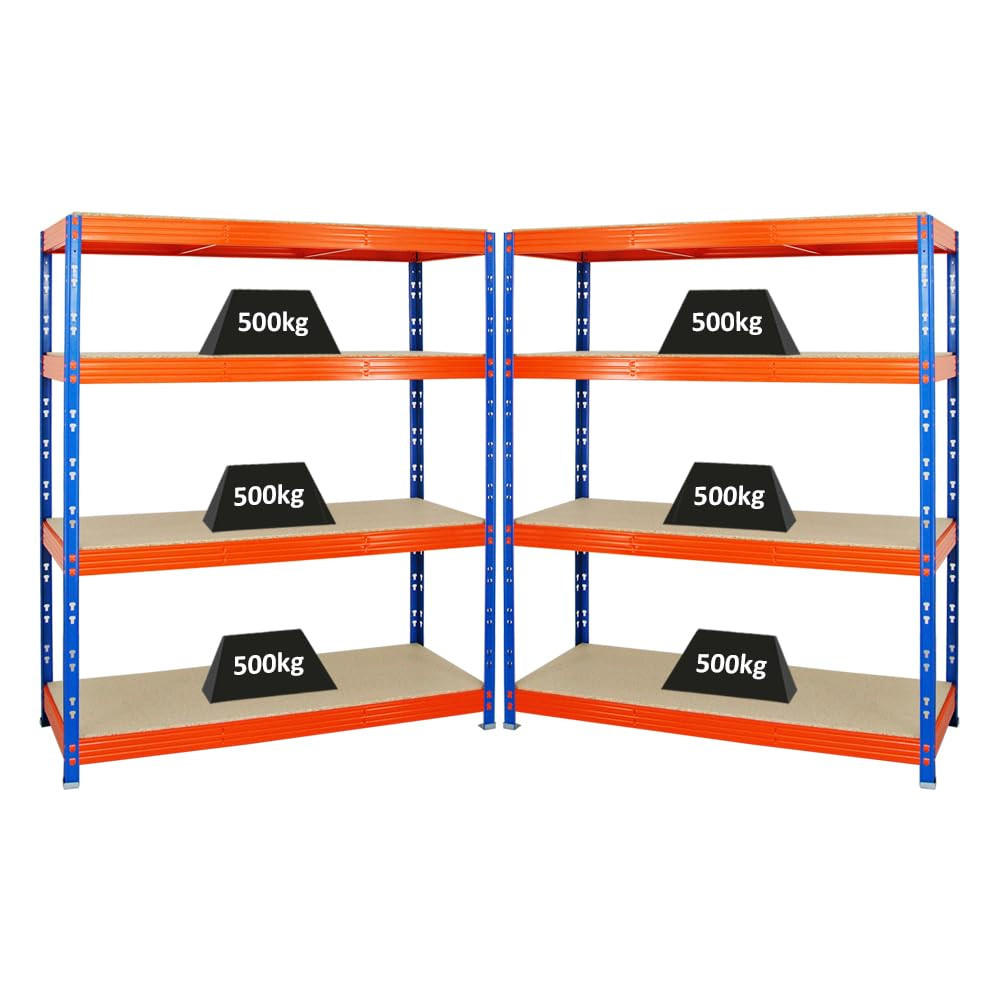 SCHWERLASTREGAL Rhino 2er-Set mit 2x 180x160x60 cm 4 Spanplatten-Ebenen 16mm Fachlast 500 kg Blau-Orange - Orange, Metall (320/180/60cm) - PROREGAL