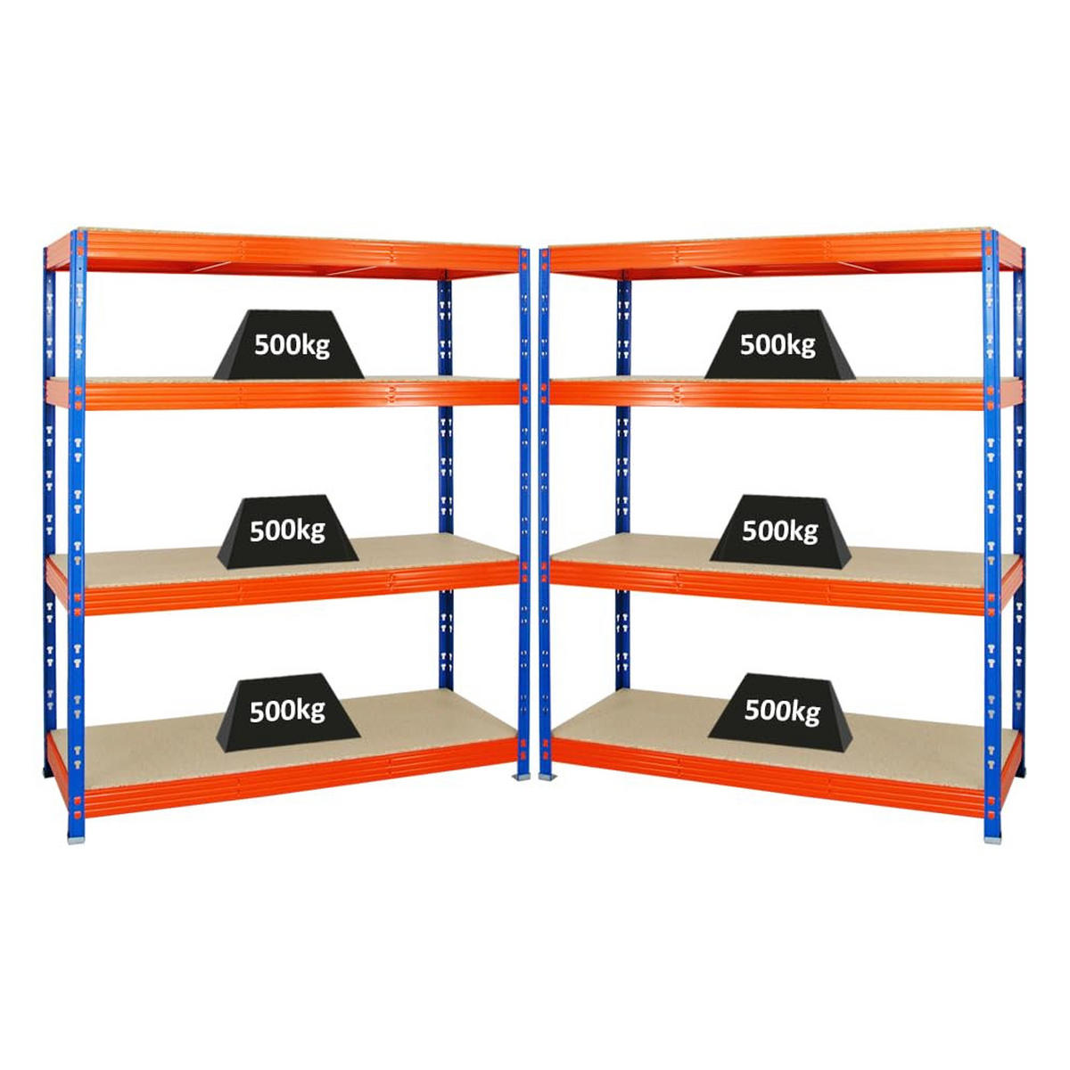 SCHWERLASTREGAL Rhino 2er-Set mit 2x 180x160x60 cm 4 Spanplatten-Ebenen 16mm Fachlast 500 kg Blau-Orange - Orange, Metall (320/180/60cm) - PROREGAL