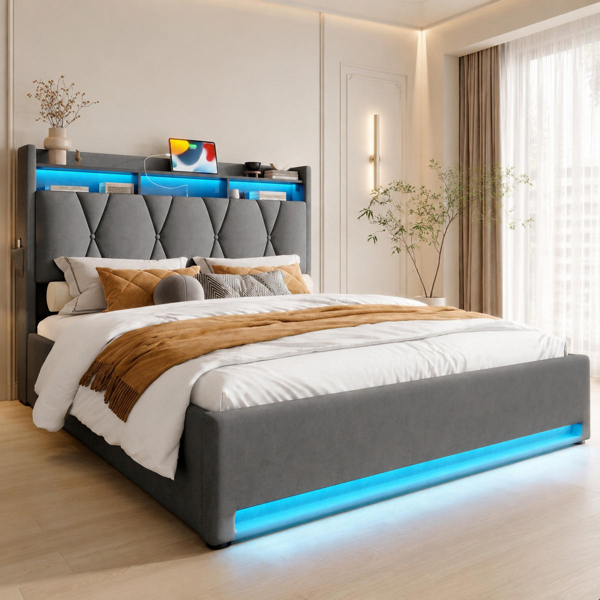 POLSTERBETT 160/200 mit LED, USB, Type-C, Bettkasten und Stauraum-Kopfteil in Grau - Grau, Holzwerkstoff/Textil (160/200cm) - EVRYAE