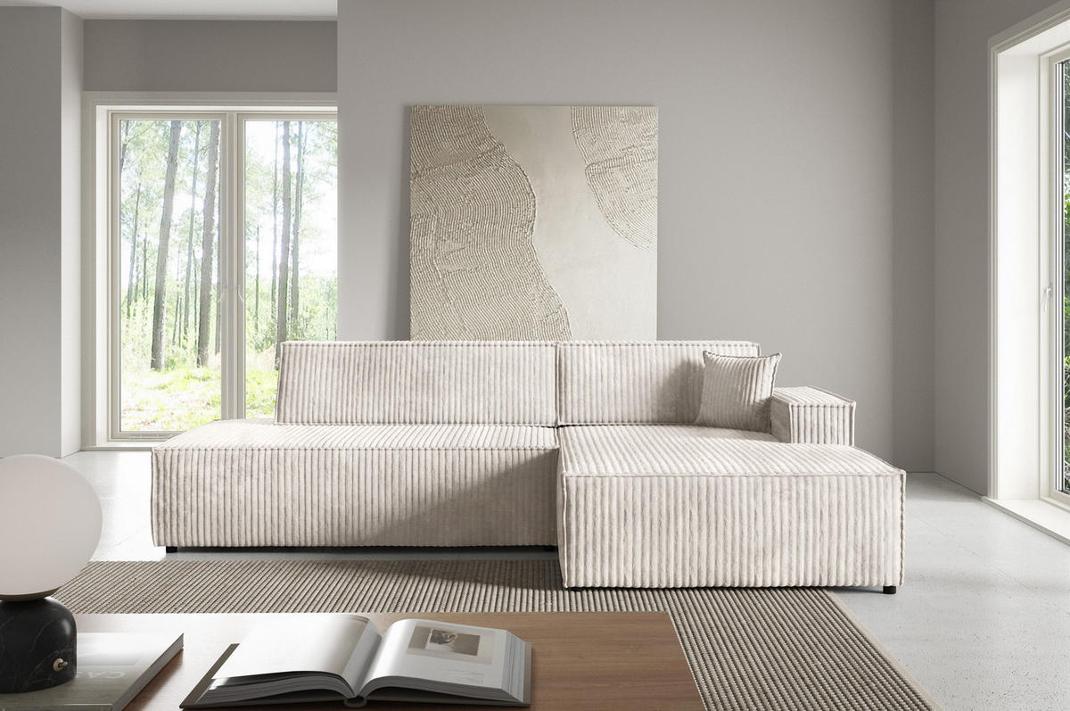 ECKSOFA TESSO R-S Creme Kordstoff mit Schlaffunktion - Creme, Holz (247/170cm) - MASSENO